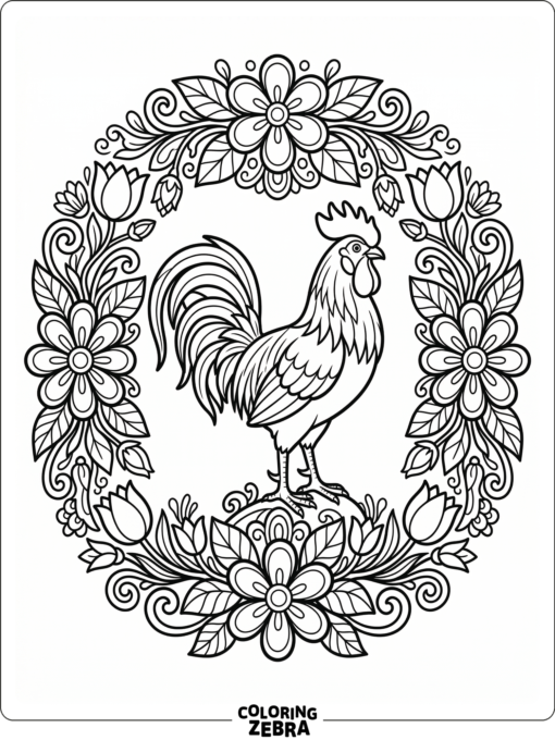 A rooster sits inside a circular floral design with bold outlines.