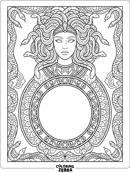 A Medusa with layered snake patterns and a decorative border