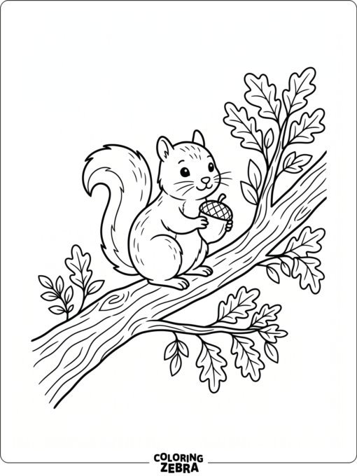A squirrel sits on a branch with an acorn and leaves