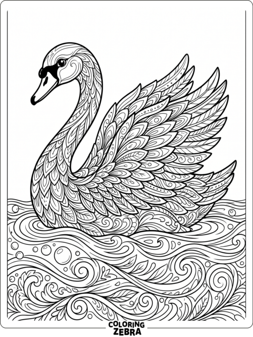 A detailed swan with layered feathers and water patterns
