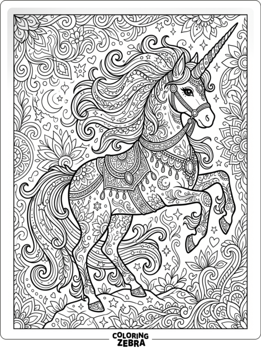 A detailed unicorn with a flowing mane and jewels