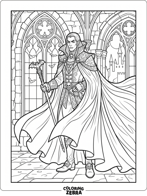An ornate vampire lord in a cape before castle windows
