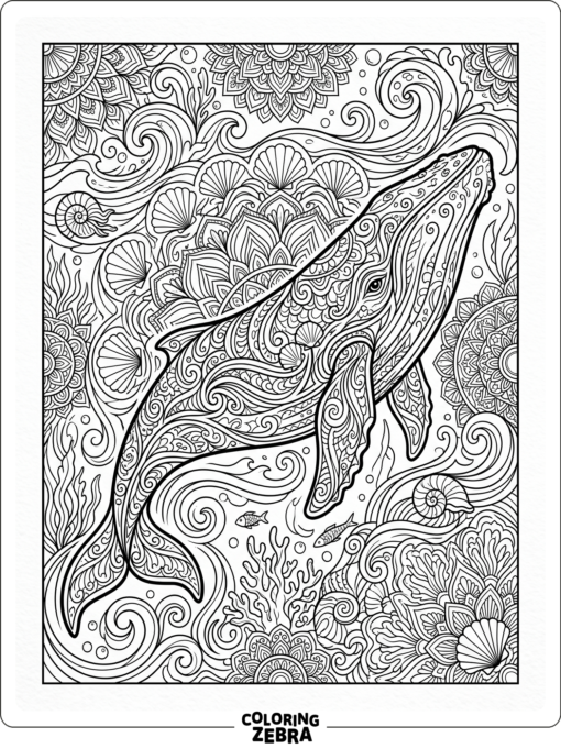 A whale with decorative patterns and seashell details