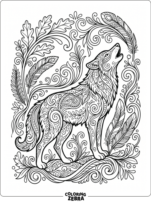 An ornate wolf with leaves, feathers, and swirling lines