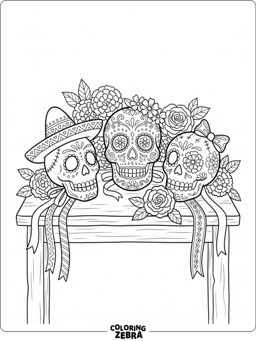 Two papier mache-style figures with skull faces, paper flowers, and ribbon accents