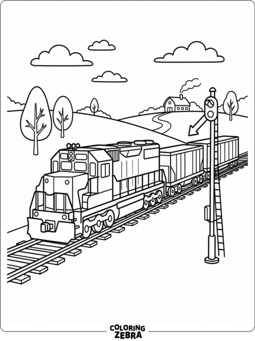 Diesel train pulling cars past a signal post
