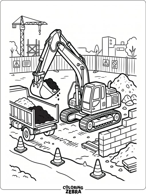 Excavator at a construction site with cones