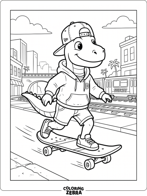 Dino from Subway Surfers on a skateboard