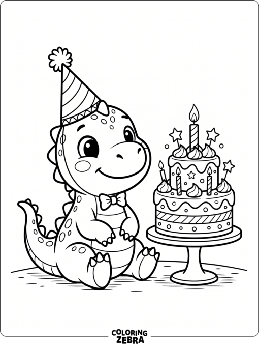 Baby dinosaur with a party hat and cake