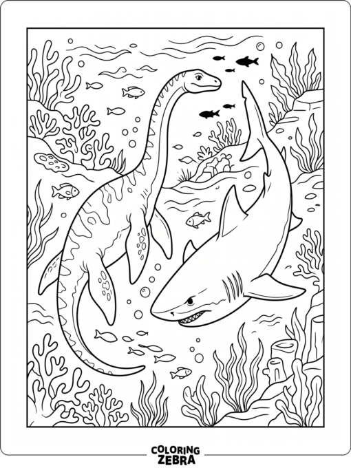 A dinosaur and megalodon in a fantasy sea scene