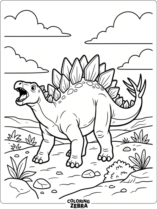 A stegosaurus roaring on a plain with clouds and rocks