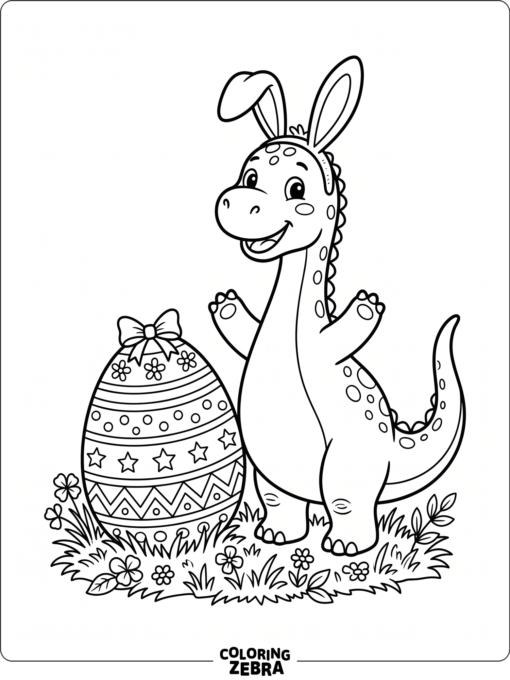 Dinosaur with bunny ears beside a decorated egg