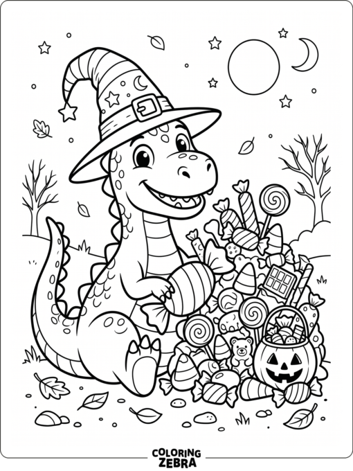 Dinosaur in a witch hat with Halloween candy