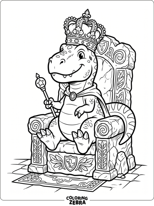 A T rex wearing a crown on a stone throne