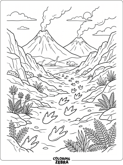 Dinosaur tracks in a rocky valley with volcanoes