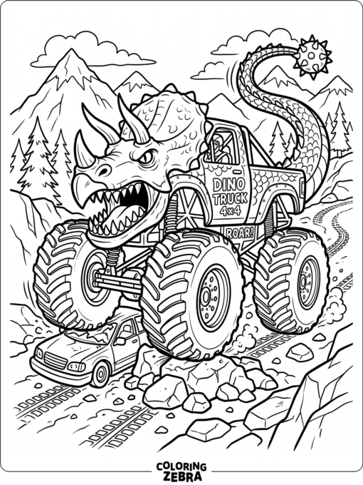 Dinosaur monster truck with a tail and toothy grille