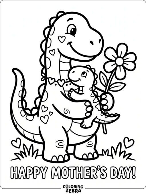 Cartoon dinosaur hugging a baby dinosaur