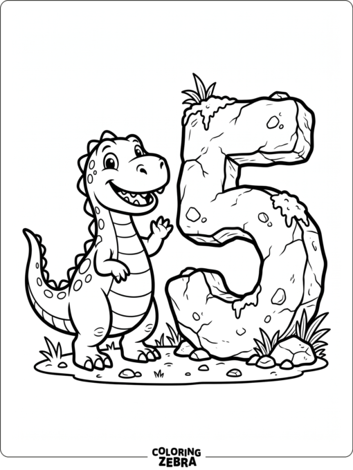 Un dinosaurio de dibujos animados junto a una gran roca