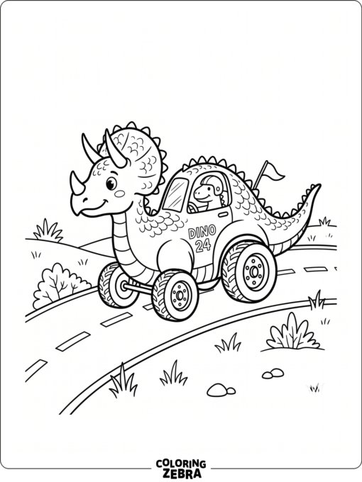 A dinosaur-shaped race car with tiny spikes and wheels