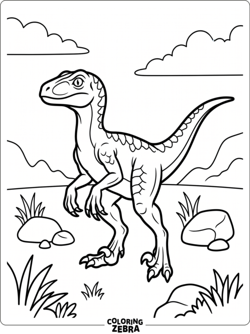 A raptor dinosaur standing alert on a plain