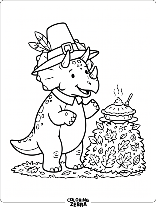 A dinosaur in a pilgrim hat beside pumpkin pie