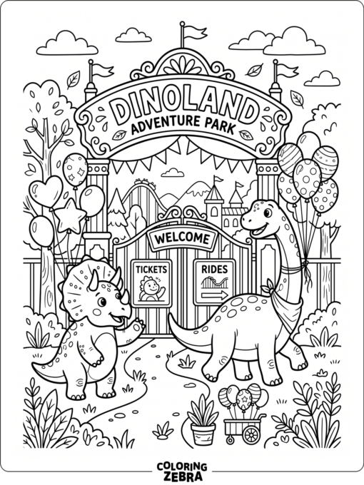 Dinosaurs outside a theme park gate with balloons