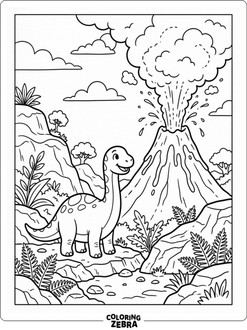 A dinosaur standing near an erupting volcano