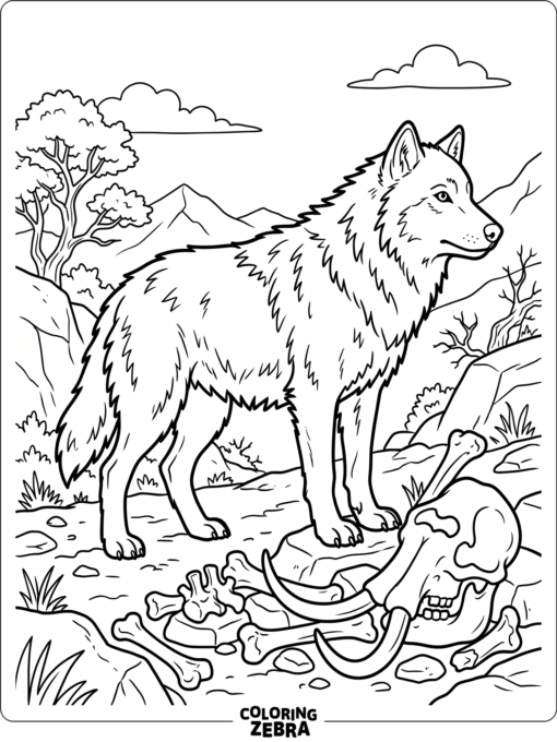 A dire wolf standing near old bones