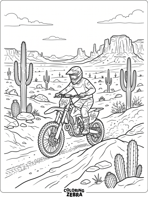 Dirt bike in a desert with cacti and open sand