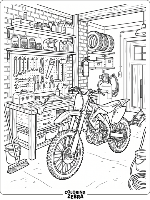 Dirt bike in a garage with tools and shelves