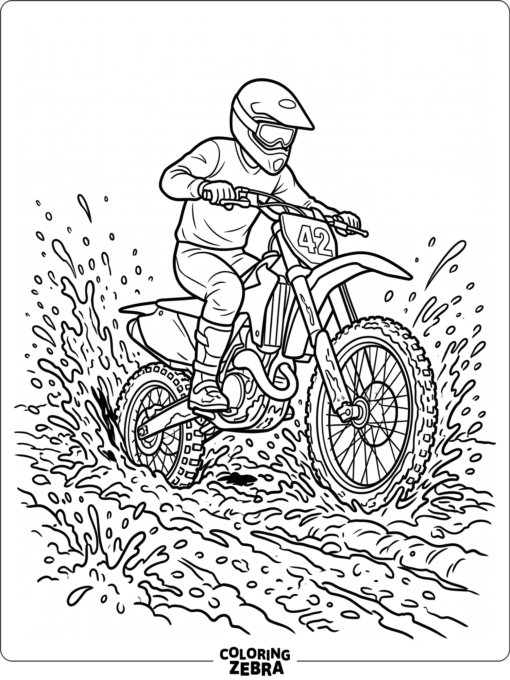 Dirt bike covered in mud with splashes around the tires