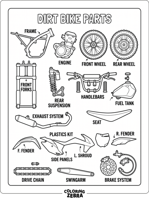 Labeled dirt bike parts arranged in a clean layout