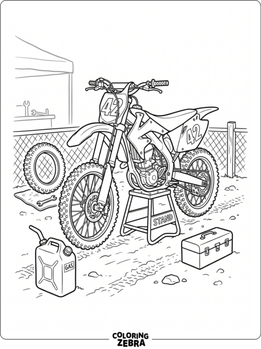 Dirt bike pit stop with tools and a fuel can