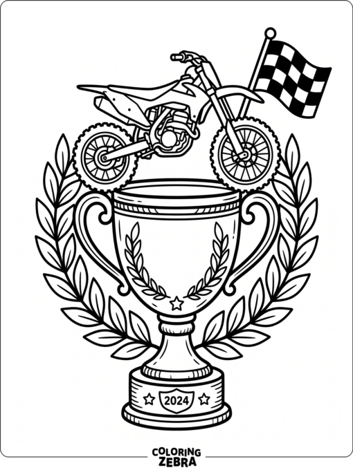 Trophy beside a checkered flag and laurel leaves