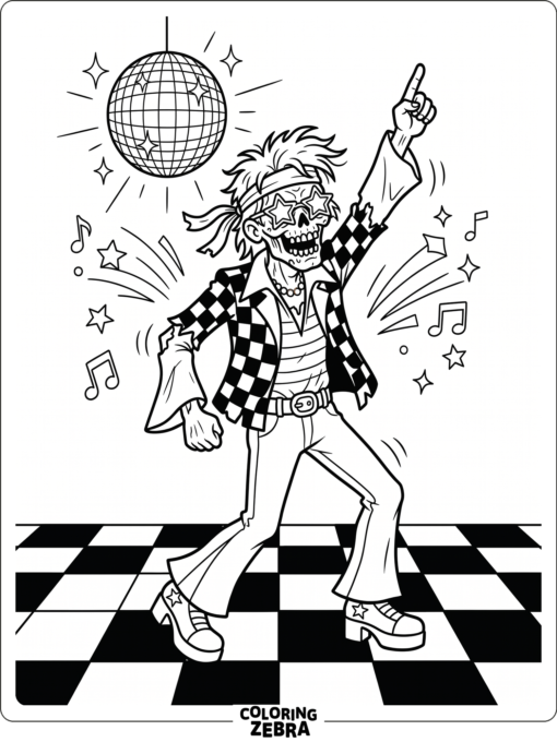 Disco Zombie dances with one arm raised
