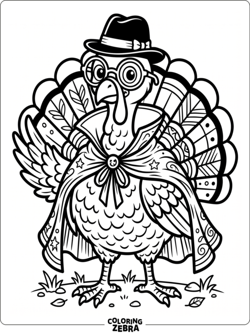 A turkey wearing a funny disguise with glasses and a cape
