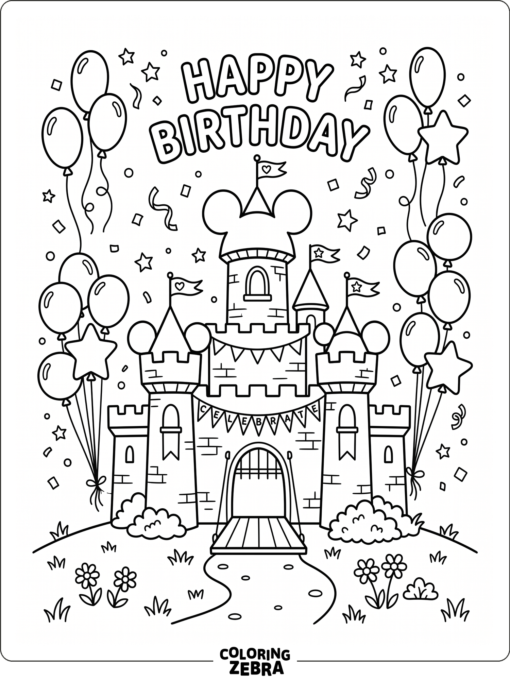 A castle scene with balloons and confetti