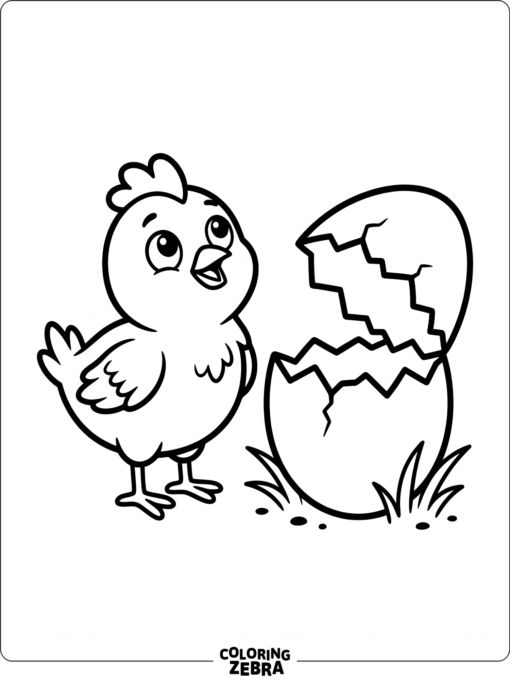 A tiny cartoon chicken stands beside a cracked egg shell
