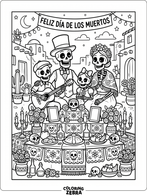 Whimsical skeleton family at a holiday altar