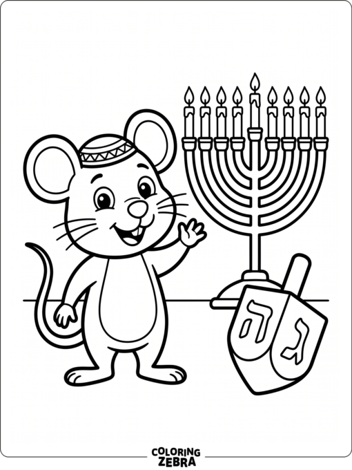 A cartoon mouse with a kippah near a menorah