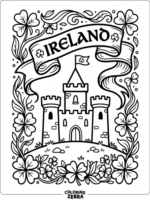 Castle silhouette with shamrocks and a ribbon