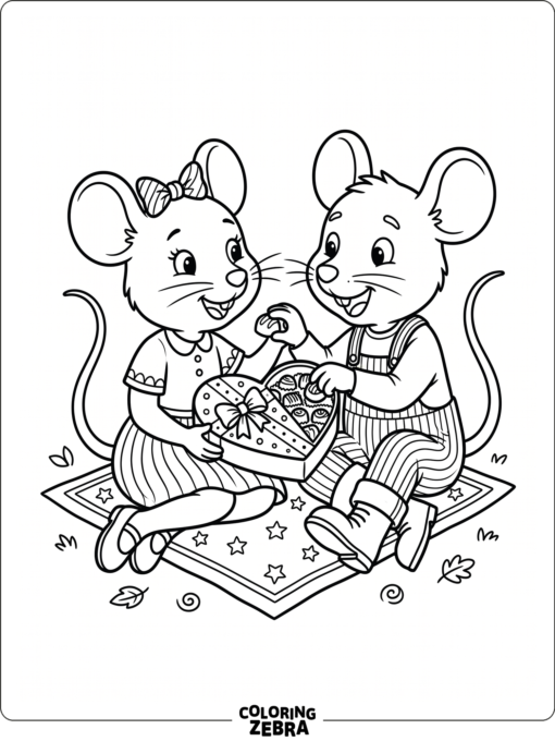 Classic mouse couple sharing heart-shaped chocolates