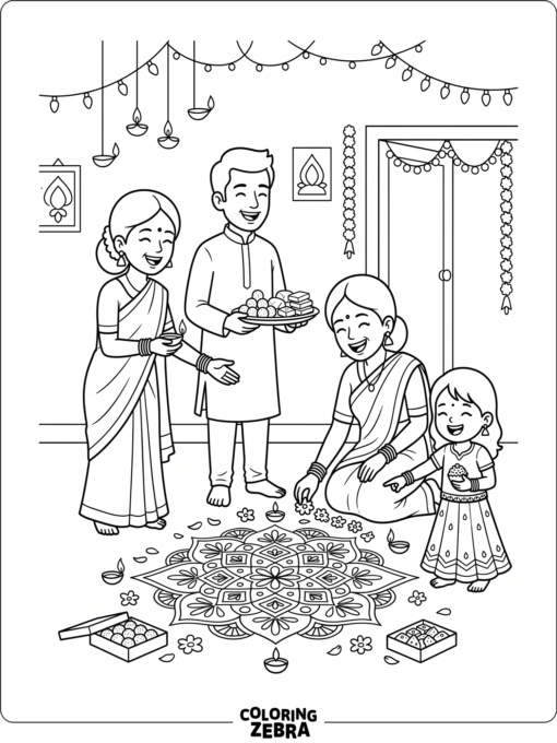 People celebrating Diwali with lights and sweets