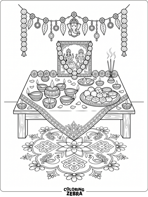 Festival lamps with rangoli and sweets on a small altar