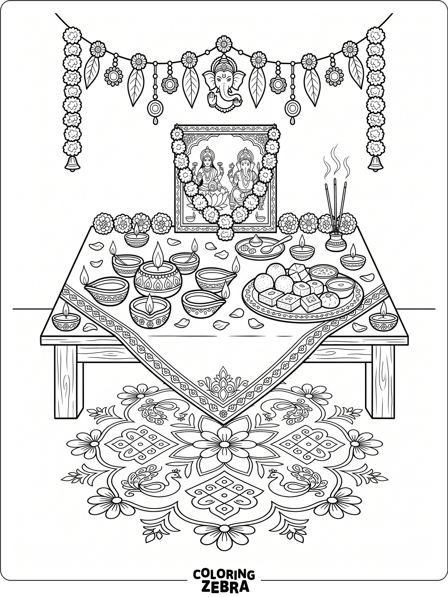 Festival lamps with rangoli and sweets on a small altar