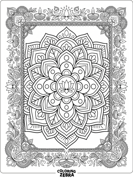 An ornate mandala border with Diwali motifs
