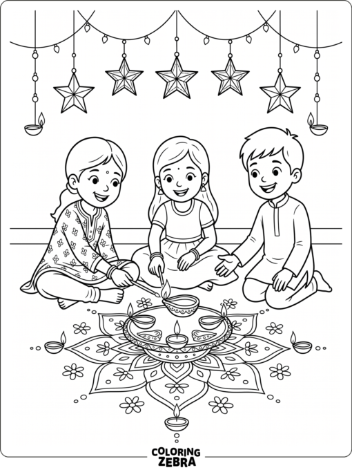 Happy kids lighting a diya near rangoli