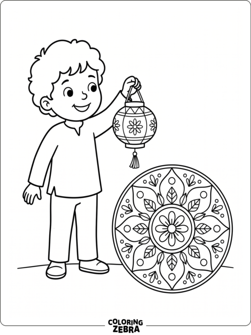 preschool child with a lantern and rangoli