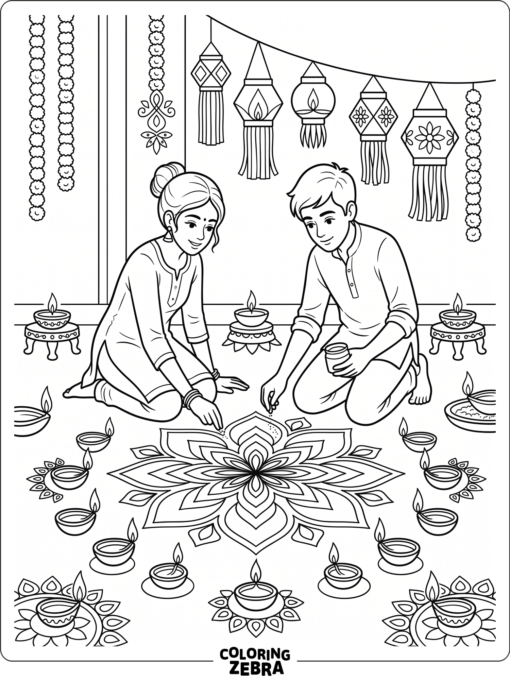 Teenagers making rangoli with diyas and lanterns