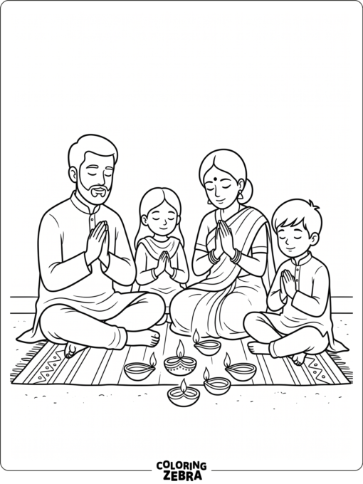 family seated in prayer with diyas